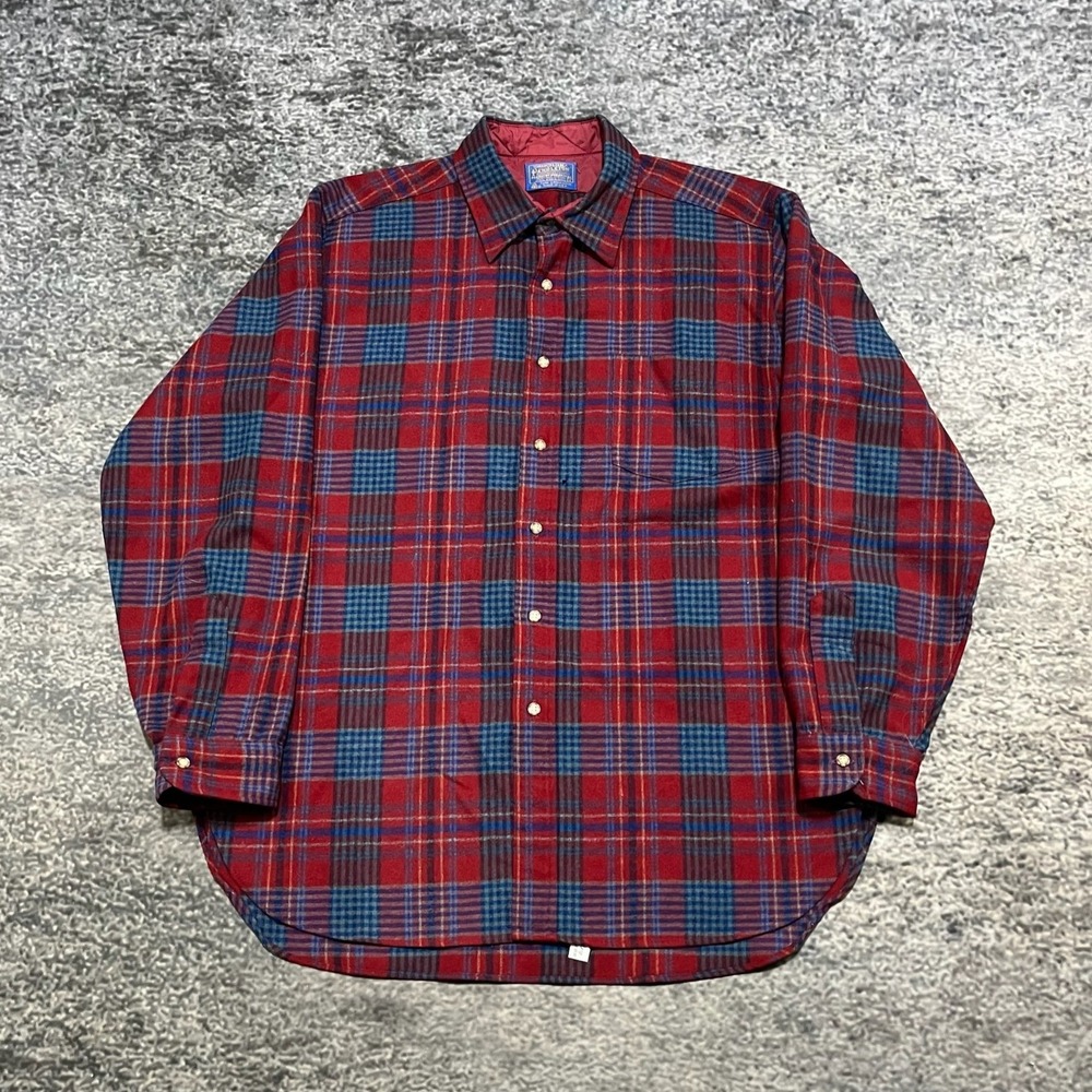 Vintage Pendleton Flannel Shirt Mens Large Red Blue Plaid Wool 70s